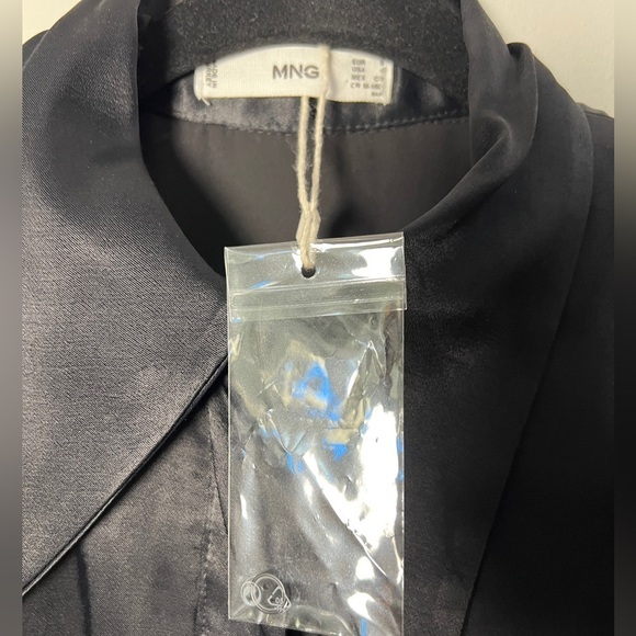 MANGO Black Satin Button Down Shirt Dress Flared Sleeves - Picture 8 of 8